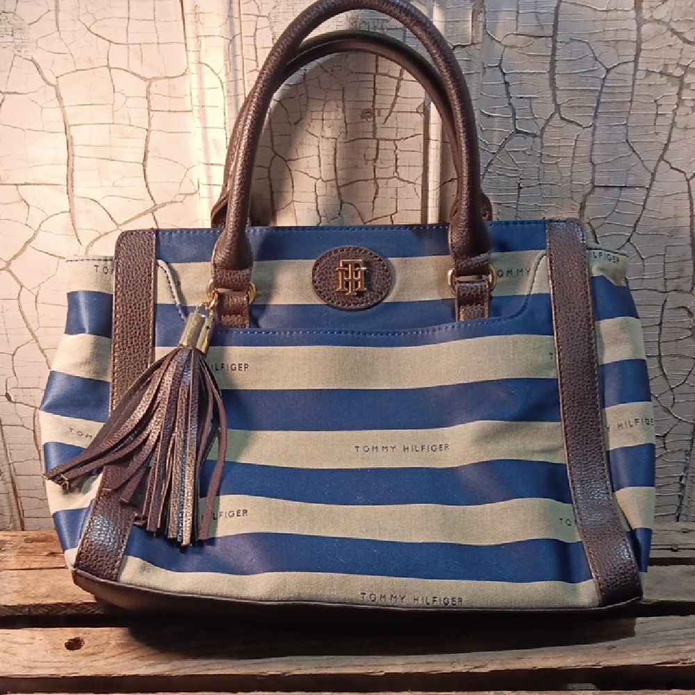 Tommy Hilfiger Blue and Gray Shoulder Bag with Nautical Stripes